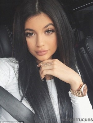 À la mode 20 pouces longue ligne droite sans frange pleine dentelle perruques Kylie Jenner