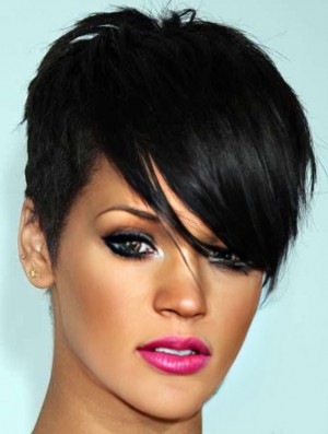 Rihanna Style perruques en dentelle sans colle avec frange couleur noire