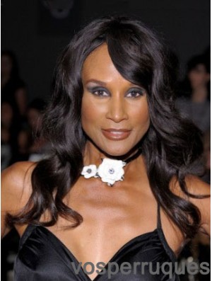 Perruques Beverly Johnson longues ondulées noires avec frange en dentelle 18 pouces