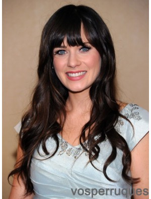 À la mode noir long ondulé 25 pouces avec des perruques Bangs Zooey Deschanel