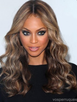 Brun bouclé sans frange 100% attaché à la main 18  inchAmazing Tyra Banks perruques